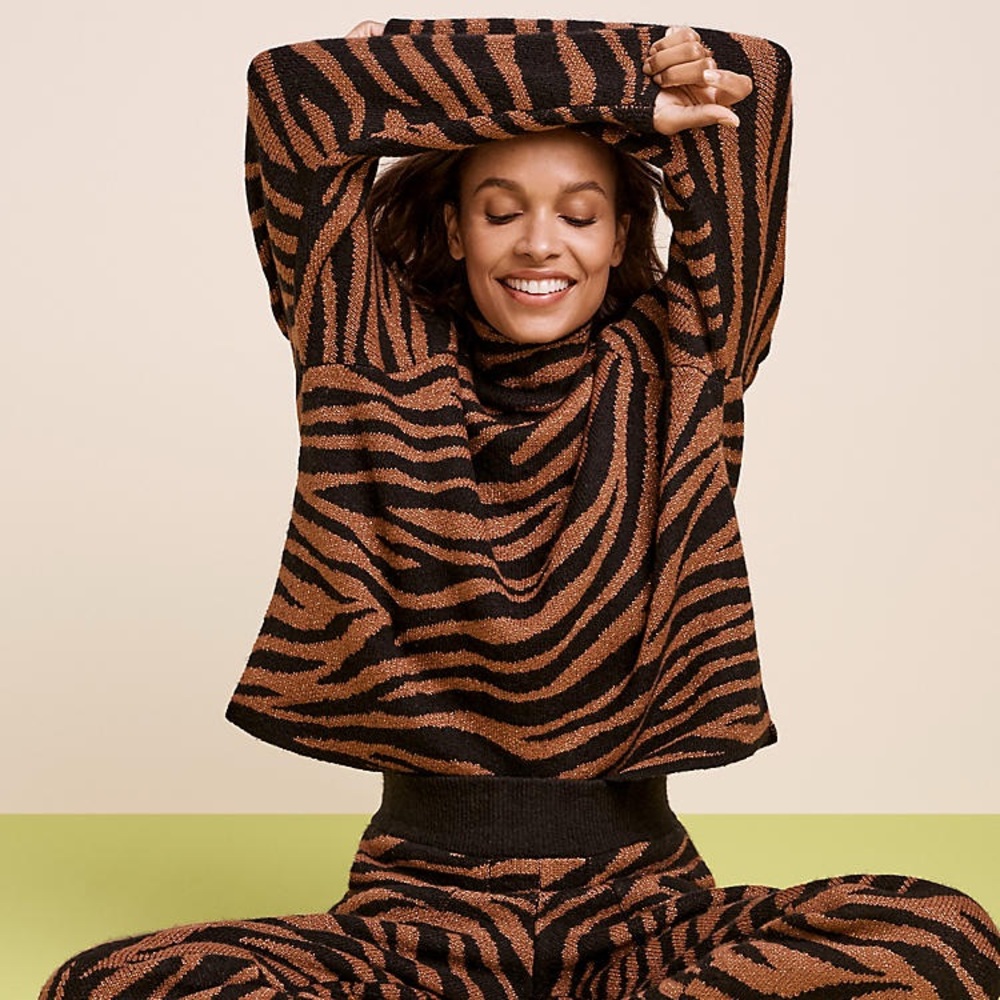Ann Taylor Animal Jacquard Mockneck Sweater - Brown & Black Zebra Pattern